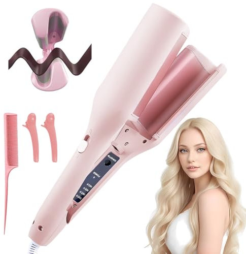 Afenau 32mm Wave Hair Curling Iron with 4 Temperature Gears, V-Shaped French Wave Iron 160°C-220°C for All Hair Types (Pink)