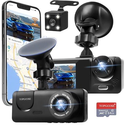 3 Channel Dash Cam WiFi FHD 1080P Car Camera 64GB TF Card,TOPGOOSE Front Dash Camera Front and Rear Inside for Cars,Mini Dashcams with Night Vision,Loop Recording,WDR,G-Sensor,APP