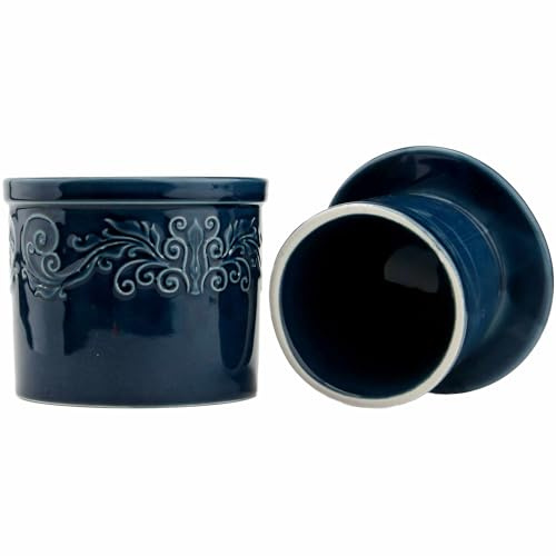 Mantequera con diseño en relieve con tapa, mantequillera francesa para decoración de mostrador, contenedor de mantequilla con línea de agua para mantequilla fresca y untable, azul americano, 4 x 4.5