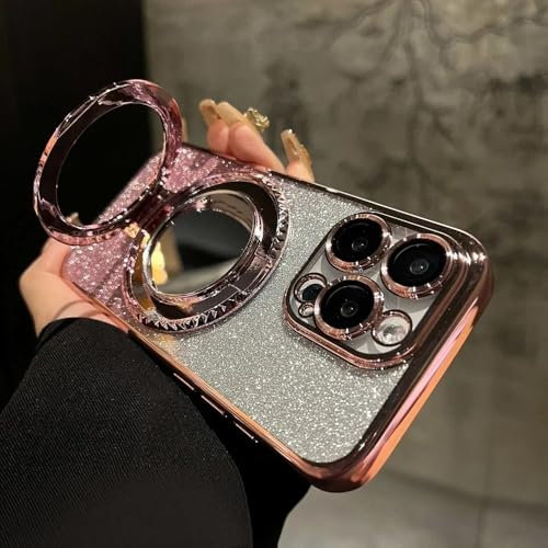 JZFDCLF Custodia con supporto a specchio sfumato glitterato per iPhone 15 14 13 16 Pro Max 12 11 X Xr Xs 8 7 Plus Custodia con supporto ad anello, rosa, per iPhone 13 Mini