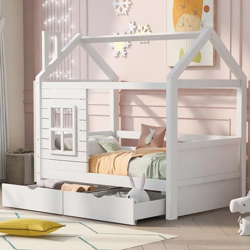 Arhatreya Hausbett 80x160 cm, Kinderbett mit Rausfallschutz, Jugendbett mit Fenster und Lattenrost, Massivholzbett für Kinder Jungen Mädchen (Ohne Matratze) Kiefer Weiß