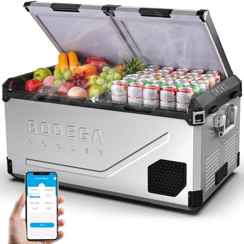 BODEGACOOLER 12 volt bilkylskåp, 100 quart (95 L) dubbelzon bilkylskåp APP-kontroll, bärbar frys, -15 °C-20 ° C RV elektrisk kylare 12/24 V DC och 100-240 V AC för utomhusbruk, camping, resor