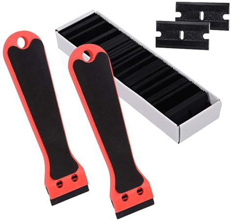 Huybaa 2 Pezzi Raschietto con 100 Lame di Plastica, Manico Lungo Raschietto Set, Raschietto Pulizie Adesivo, Raschietto Vetro, Rimuove Adesivi, Etichette Adesive di Carta