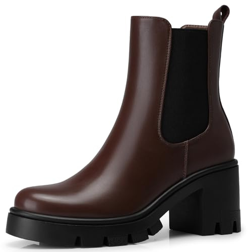 CELLENZ Women Chelsea Ankle Boots: Trendy Platform Boots - Chunky Heel Short Booties Womens - Brown Leather 2026 Ankle Boot Weekend Vacation Travel Size 7