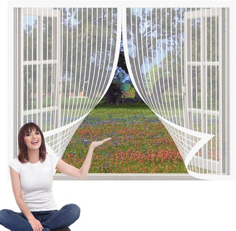 Zanzariera Finestra 198 x 160 cm Tenda Anti Zanzare Insetti Autoadesiva Traspirante, Maglia Magnetico per Porte Finestre Scorrevole, Bianco