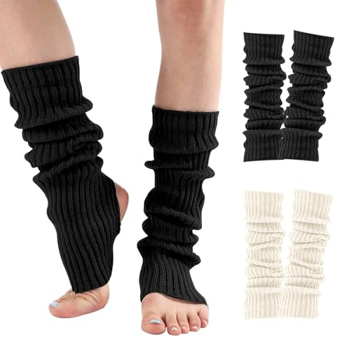 Risipu 2 PCS Women's Calf-Length Stirrup Leg Warmers Knit Winter Leg Warmers for Women and Girls,Footed Ankle Warmers,Long Stretchy Dance Boot Covers (2, Black+White, One Size)