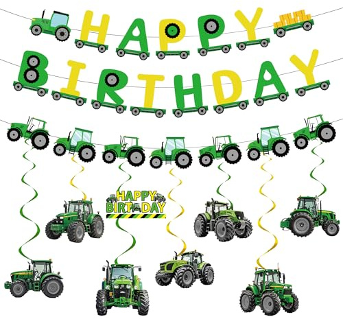 Decoración de cumpleaños de tractor para cumpleaños infantil, 11 pancartas de feliz cumpleaños en forma de tren y remolino de tractor, decoración para fiestas temáticas de granja, accesorios para