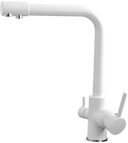 Rubinetto da cucina a 3 vie, 3 in 1, per filtro dell'acqua, girevole a 360°, in rame zincato, 2 leve per acqua potabile, con tubo da 60 cm, per lavello della cucina (bianco)