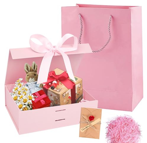 Geschenkkarton, 23x17x7 cm Magnetische Geschenkkarton mit Deckel, Wiederverwendbare, Faltbare Dekorative Box, mit Tasche, Band, Raffia, Grußkarte, für Hochzeit, Weihnachten, Jubiläum (Rosa)
