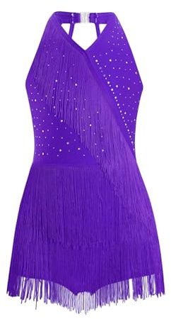 TiaoBug Leotardo De Baile Latino con Flecos para Niñas Maillot De Patinaje Competición Vestido De Tango Latino Rumba Cha-Cha Samba