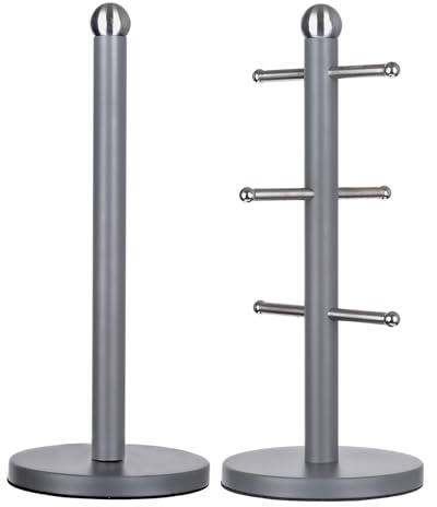 Novel Solutions Mug Tree & Paper Towel Holder Set – Stainless Steel with Powder-Coated Finish, Six Hooks, Weighted Anti-Slip Bases for Stable Countertop Organisation, Grey