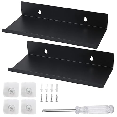 QITIXI:OU 2 Stück 30cm kleine Wandregale, Selbstklebend Kleines Wandregal Schwarz Metall, Schwebendes Regal Badezimmer, Maximale Belastung 10 kg, Ohne Bohren Regal Wand Bad für Bad Küche Büro