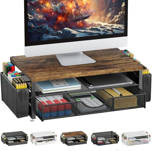 Monitorständer mit Schublade, Schreibtischorganizer und Zubehör, 2-stufiger Computer Monitor Erhöhung mit Schublade und 2 Stifthaltern, ergonomischer Desktop Ständer für Büro Zubehör (Metall Holz)