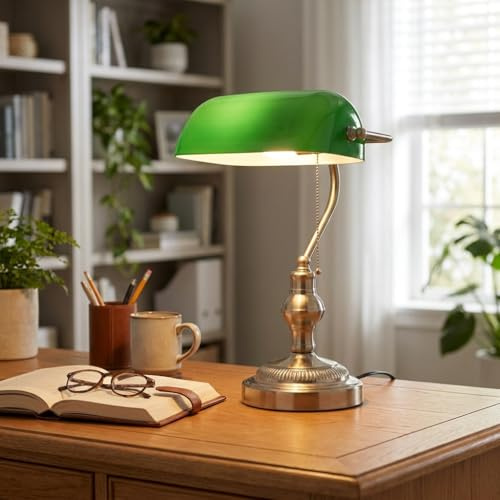 BARCELONA LED Bankerlampe Vintage Tischlampe E27 Grüner Glasschirm Metallfuß Nickel Klassisch Retro Industriell Schreibtischlampe Verstellbar für Büro - Lampada da scrivania