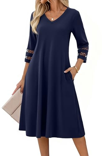 Zeagoo Womens Summer Dress 3/4 Sleeve Dresses V-Neck Elegant Tunic Dress | A-Line Flowy Dresses|Eyelet Mididress|Sundress with Pockets| Solid Color|Loose|Classic|S-XXL