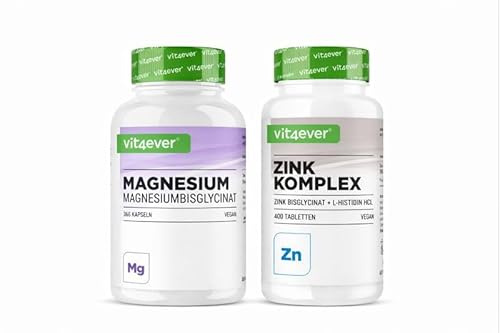 Vit4ever Magnesium Bisglycinat 365 Kapseln + Zink Bisglycinat 25 mg 400 Tabletten – Vegan – Laborgeprüft – Mineralstoff Bundle