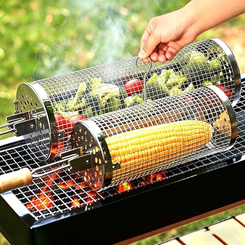 2PCS Rolling Grill Basket, 360° BBQ Roller, Stainless Steel Rolling Grill Cage with Long Wooden Handle, Large Portable Outdoor Camping BBQ Net Rack for Veg, Prawns & Meat, Camping, Outdoor Cooking