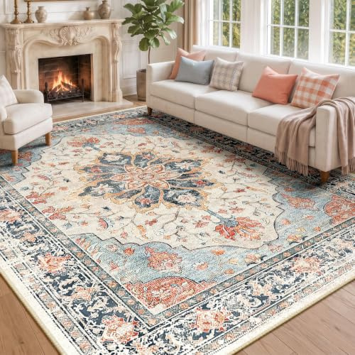 INOVADAY Teppich Wohnzimmer Waschbar 200x300 cm Retro Beige/Blau/Orange | Teppich Schlafzimmer, Vintage Teppich Waschbar, Esszimmer, Büro, Kurzflor Rutschfest, Boho, Retro, Weich, OEKO, Gedruckte