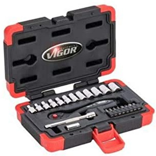 VIGOR Steckschlüssel-Satz, V3734N, 1/4″, Außenprofil Sechskant, T Profil | 1/4 Zoll (6,3 mm) Vierkant hohl, Antrieb 1/4 Zoll (6,3 mm) Vierkant hohl, 722 g, Antrieb: 1/4″, Für Handbetätigung