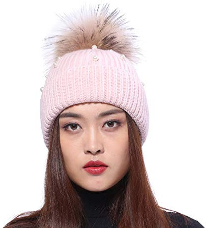 Damen Strickmütze schöne Baskenmütze Winter Mütze Bommelmütze Beanie Waschbär Fell Bommel mit Perle - hell pink