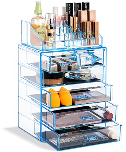 Sorbus Clear kosmetisk sminkorganisatör - smink- och smyckesförvaring, fodral och display - Rymlig design - perfekt för byrå, badrum, sminkbord och bänkskiva (3 stora, 4 små lådor) [blå briljans]