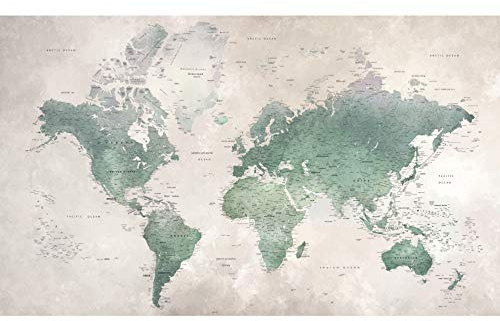 PLAGE Papier peint intissé vintage, mappemonde verte, 250 cm X 150 cm