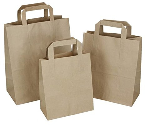 (Förpackning med 100 påsar) Medium 260 x 140 x 300 mm SOS-påsar 26 x 14 x 30 cm brunt platt handtag kraftpapper gåva fest papperspåse lunchväskor mat take away-väska (100, M (260 x 140 x 300 mm))