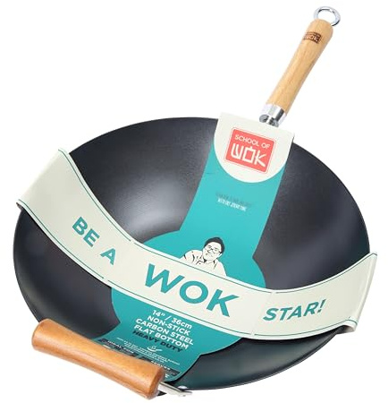 School of Wok - Wok de acero al carbono antiadherente de 36 cm, parte inferior plana, mango de bambú