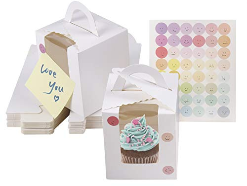 KEYIDO 30 Stück Cupcake Transportbox 1er Cupcake Box Single Weiß Muffin Box Verpackung Kuchen Karton Pappe mit Sichtfenster und Griff