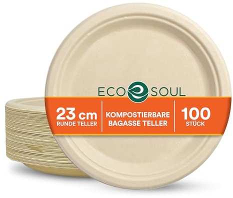 ECO SOUL Einweg-Bagasse-Teller(23cm) 9 rund(1000 Stück) | Aus Bagasse hergestellt, 100% kompostierbar & plastikfrei, Mikrowellen & gefriergeeignet, Auslaufsicher und extra stabil