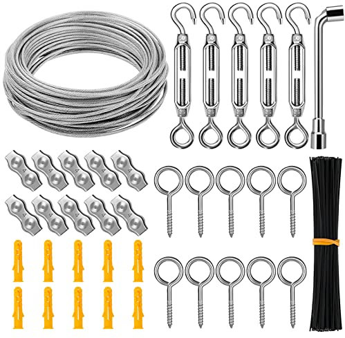 Corde Cable Acier Inoxydable à Suspendre Kit, 30M/3mm Câble Métallique, Kit de Câble de Jardin, Câble d'Image, Kit de Clôture, Câble en Acier Robuste, Tendeur Fil et Crochet, Duplex Clips Serre-Câbles