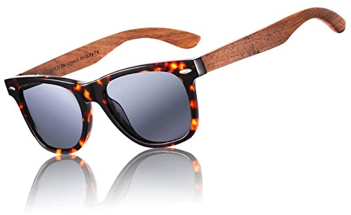 DUCO Retro-Holz Polarisierte Sonnenbrille Herren Damen Fahrerbrille 2141 | Umweltfreundliche Anglerbrille mit Walnussbügeln für Männer, UV400-Schutz Verspiegelte Linse Kat. 3, Geeignet als Geschenk