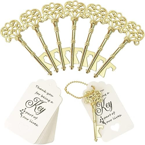 Wedding Favor Gift Souvenir, Vintage Bottle Opener Keyring Bottle Opener with Thank You Tag 50pcs (Gold)