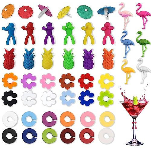EUDUQ Lot de 48 marqueurs de verre en silicone réutilisables pour verres à vin colorés, Silicone