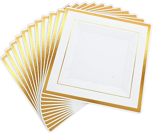 VIDETOL Lot de 25 plateaux de service rectangulaires en plastique de 22,9 cm, blanc et doré, réutilisables pour fêtes, anniversaires, mariages et fêtes de remise de diplôme