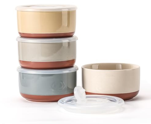 Chubacoo Ceramic Bowl with Lid, Microwave Safe, Set of 4 | Food Storage for Office Lunch, Picnic & Camping - Porcelain Containers for Soup, Meal Prep - 20 oz, 5 Inch, Speckled