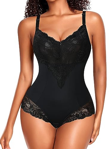 Body Shaper Damen Bauchweg Shapewear Spitze Shaping Bodysuits Figurformende Unterwäsche Miederbody Miederslip (Schwarz, XL)
