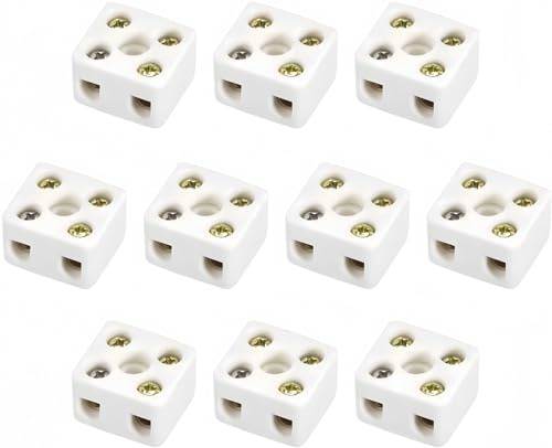 Boxonly 2-Wege-Keramik-Klemmenblöcke für elektrische Drahtkabel, Hochtemperatur-Porzellan-Keramik-Steckverbinder, 10 A, 2 Positionen, 5-Loch-Keramik-Steckverbinderblöcke, 21,3 x 19 x 14 mm, 10 Stück