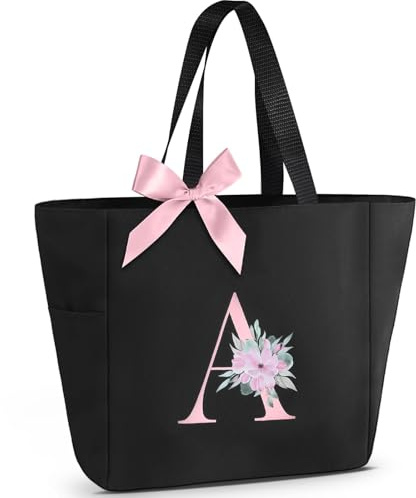 Vavabox Borsa tote personalizzata con iniziali dalla A alla Z, regalo impermeabile per donne, damigelle, mamma, insegnanti, amici (A, Nero)