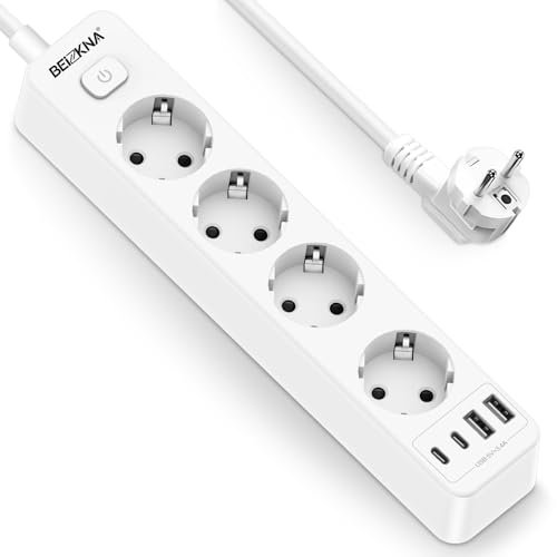 Steckdosenleiste 4 USB Mehrfachsteckdose Wandmontage 4-Fach Steckerleiste Überspannungsschutz 2 USB C Steckdose mit Schalter 4000W 16A Verteilersteckdose Multisteckdose mit 1,8M Kabel, Weiß