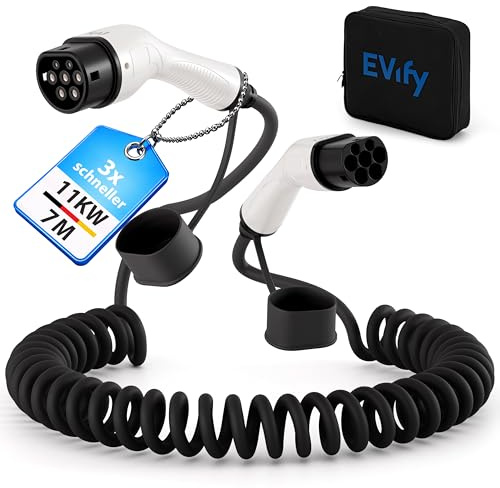 EVify Typ 2 Spiralladekabel 11kW 7M 16A für Elektroauto & Hybrid inkl. Kabeltasche • Spiralkabel 3 phasig für EV PHEV • Platzsparend, geeignet für alle E Autos Modell 3 S X Y, ID3, ID4, ID5