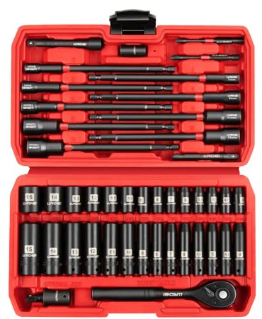 LLNDEI 1/4 Drive Socket Set & Nut Driver Set 44PCS, 1/4-Inch Sockets Deep&Shallow Metric(4-15mm) with Ratchet, 1/4 Hex Shank 6 Long Nut Drivers(6-14mm) for Impact Drill Bits(PH1 PH2)