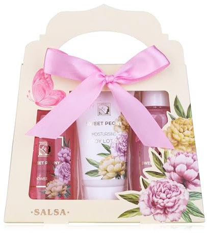 Accentra Set doccia da donna SWEET PEONY in bella confezione regalo – Set di 3 pezzi con gel doccia, lozione per il corpo e bagnoschiuma – Set regalo benessere per San Valentino e festa della mamma