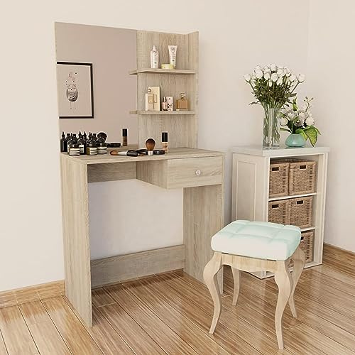 Tidyard - Tocador de madera aglomerada, 75 x 40 x 141 cm, color roble y mesa de maquillaje con estantes de almacenamiento, tocador cosmético, mesa para niñas, dormitorio, salón