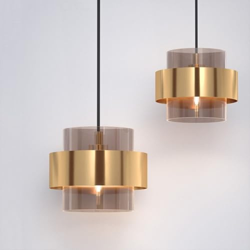 HEYUN Pendelleuchte Bernstein-Gold Moderne Hängeleuchte HöHenverstellbare Goldene Decke HäNgende Pendelleuchte Für Wohnzimmer Nachttisch Esszimmer Hängelampe Schlafzimmer Metall-Glas