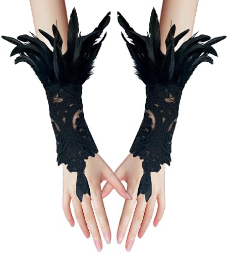 YUNHENTONG Guantes de Plumas Halloween Mujer, Gótico Guantes de Encaje Retro Puños de Plumas Sin Dedos Puños de Plumas para Decoración de Disfraces de Halloween, Fiestas, Bodas (Negro)