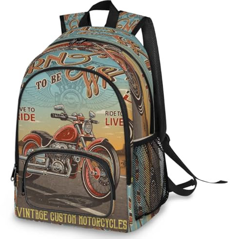 Rucksack mit Vintage-Motorrad-Poster, multifunktional, groß, Schule, Büchertasche, Motorrad-Rucksack, Reisen, lässig, Laptop, Tagesrucksack für Kinder, Jungen, Mädchen, Männer, Frauen, farbig, Big