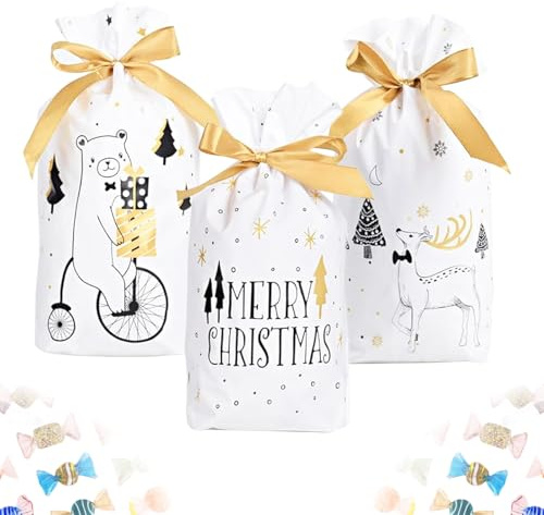 Lotbun 30 Stück Weihnachten Geschenkbeutel, Weihnachtsbonbontüte geschenktüten weihnachten klein weihnachtsverpackung Geschenktüten mit Kordelzug für Frohe Weihnachten