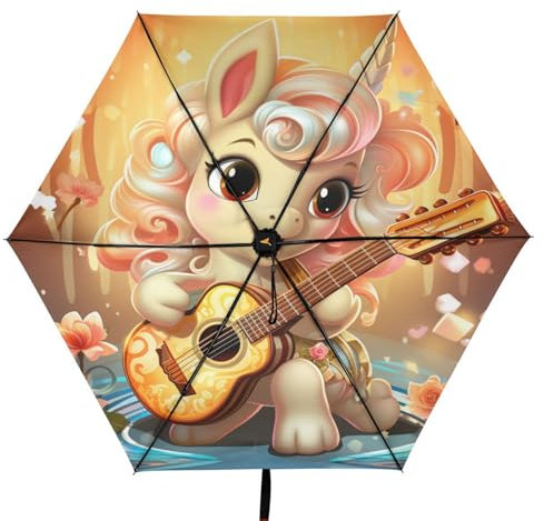 Linnyio Gitarre Cartoon Süßes Einhorn Taschenschirm, UV-Schutz, Kompakter Reiseschirm, Sonnenschutz für Jungen und Mädchen