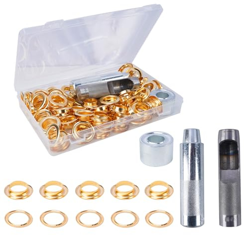 HO2NLE 100 Sets 13/16(20mm) Grommets Eyelets, Gold Eyelet Punch Kit with Washers, Metal Brass Eyelets Kit for Fabric Canvas Curtains Awnings Leather Clothing Craft